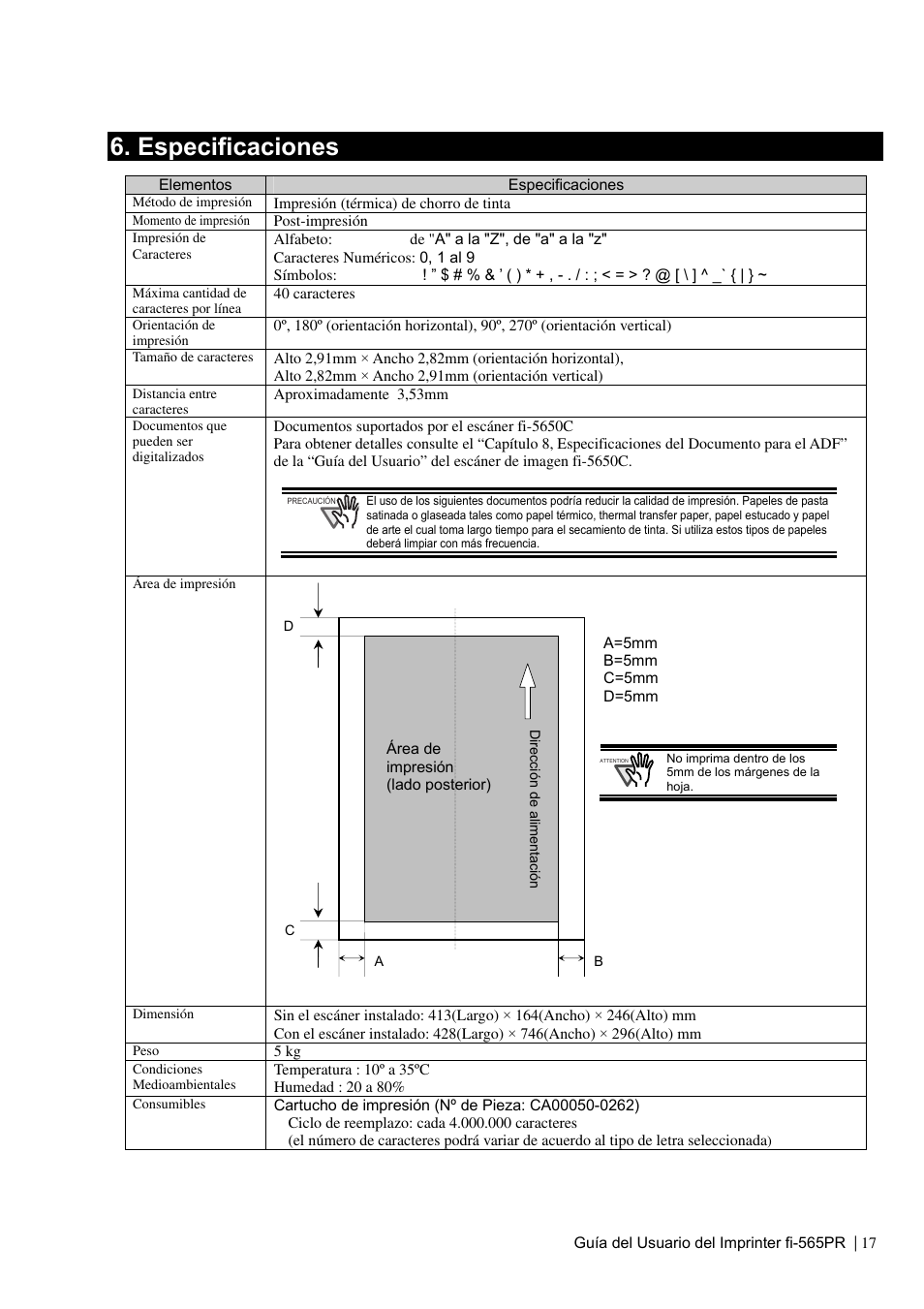 Especificaciones | Dell fi-565PR User Manual | Page 101 / 128