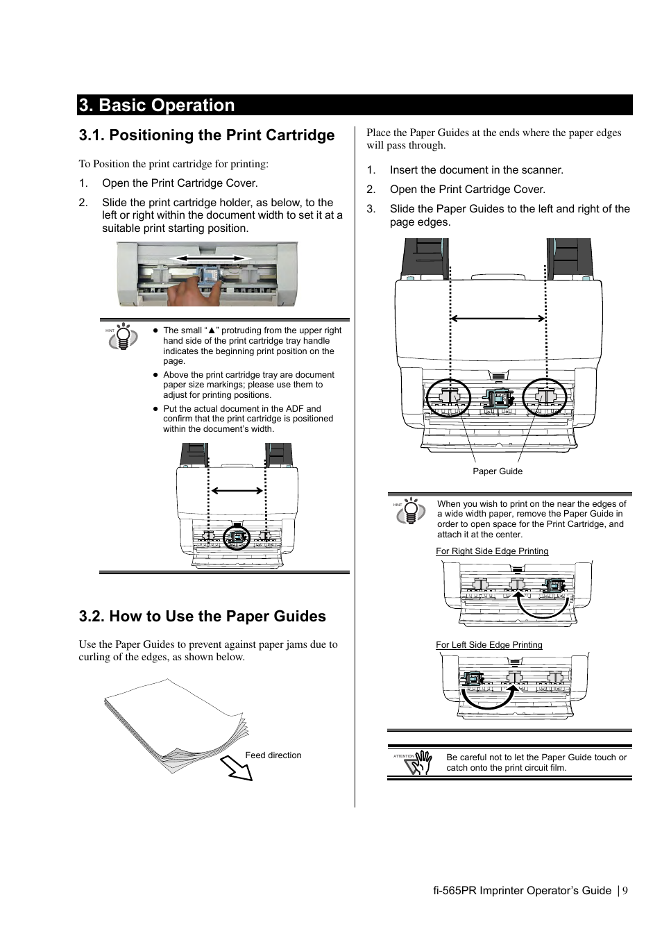 Basic operation, Positioning the print cartridge, How to use the paper guides | Dell fi-565PR User Manual | Page 13 / 128