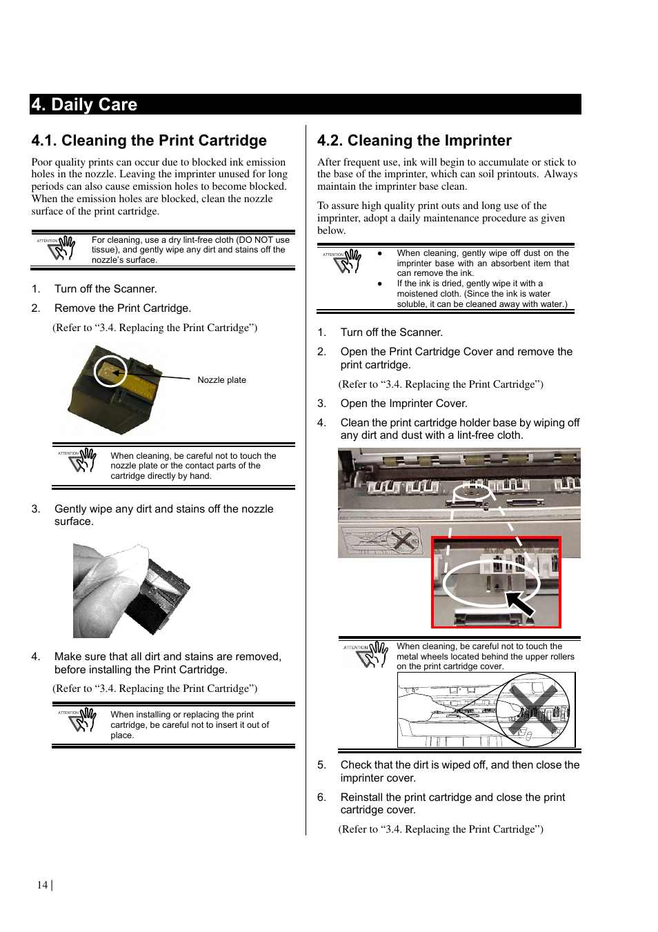 Daily care, Cleaning the print cartridge, Cleaning the imprinter | Dell fi-565PR User Manual | Page 18 / 128