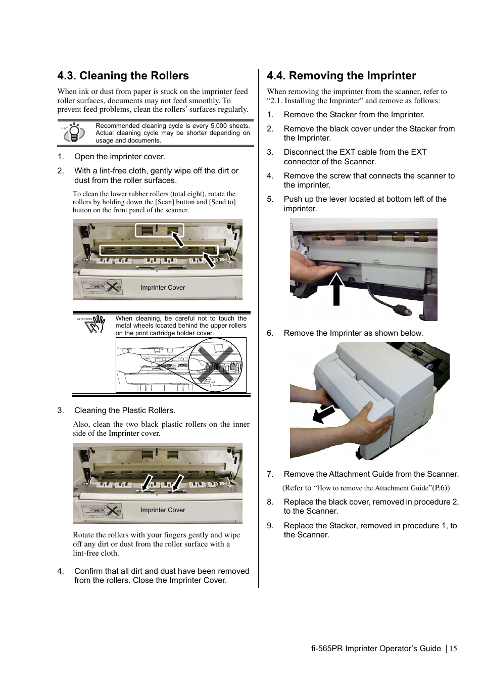 Cleaning the rollers, Removing the imprinter | Dell fi-565PR User Manual | Page 19 / 128