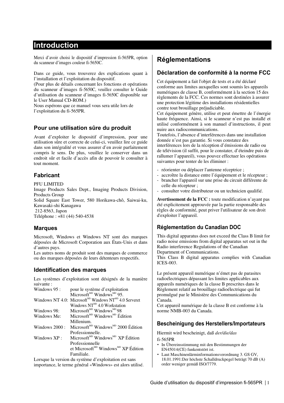 Introduction, Réglementations, Pour une utilisation sûre du produit | Fabricant, Marques, Identification des marques, Déclaration de conformité à la norme fcc, Réglementation du canadian doc, Bescheinigung des herstellers/importateurs | Dell fi-565PR User Manual | Page 25 / 128