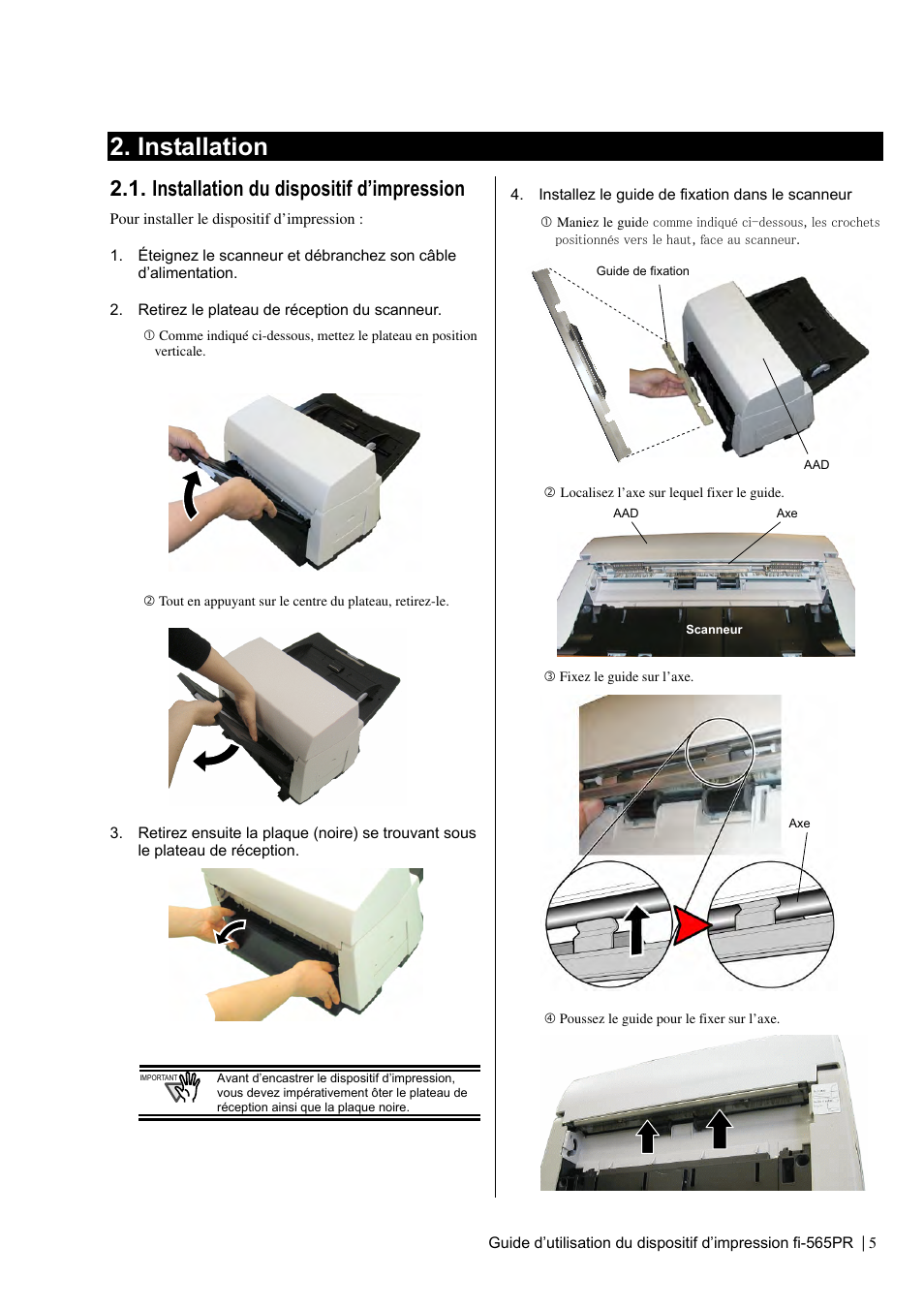Installation, Installation du dispositif d’impression | Dell fi-565PR User Manual | Page 29 / 128