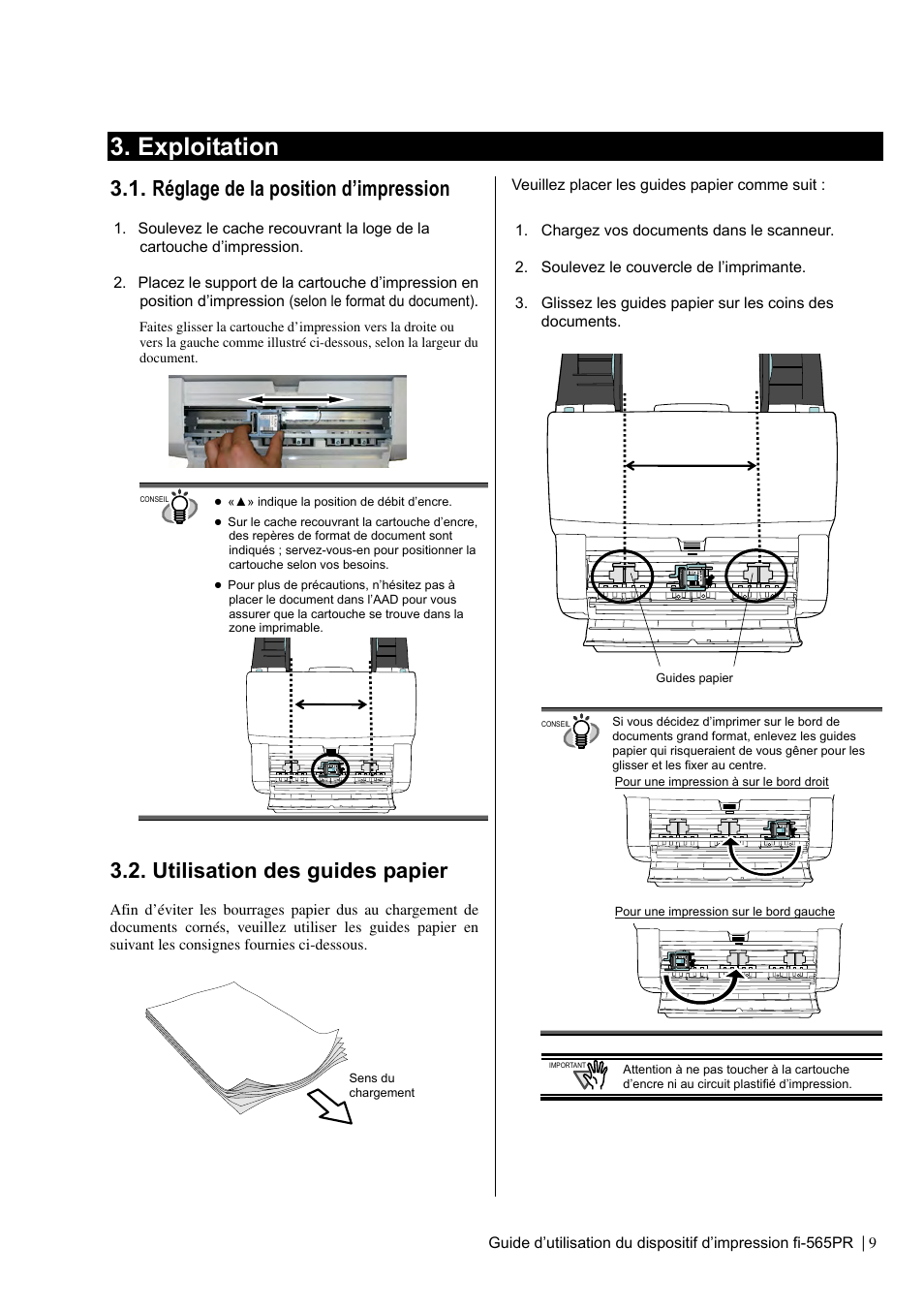 Exploitation, Réglage de la position d’impression, Utilisation des guides papier | Dell fi-565PR User Manual | Page 33 / 128