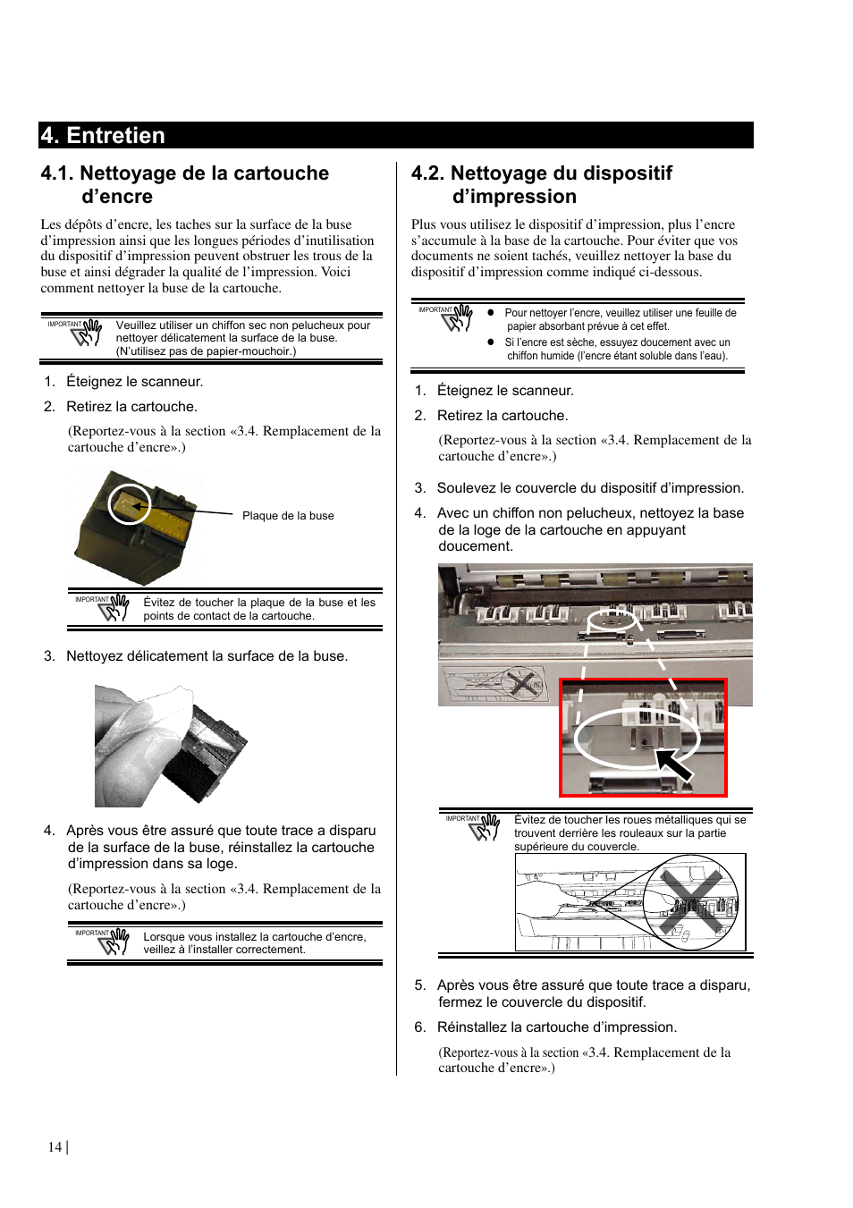 Entretien, Nettoyage de la cartouche d’encre, Nettoyage du dispositif d’impression | Dell fi-565PR User Manual | Page 38 / 128