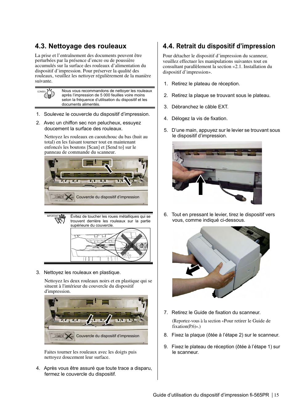 Nettoyage des rouleaux, Retrait du dispositif d’impression | Dell fi-565PR User Manual | Page 39 / 128