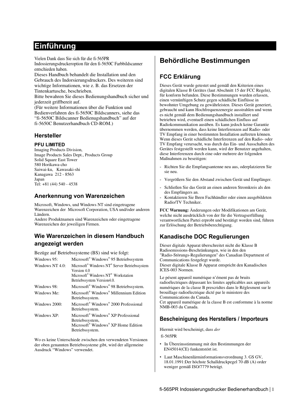 Einführung, Behördliche bestimmungen, Hersteller | Anerkennung von warenzeichen, Fcc erklärung, Kanadische doc regulierungen, Bescheinigung des herstellers / importeurs | Dell fi-565PR User Manual | Page 45 / 128