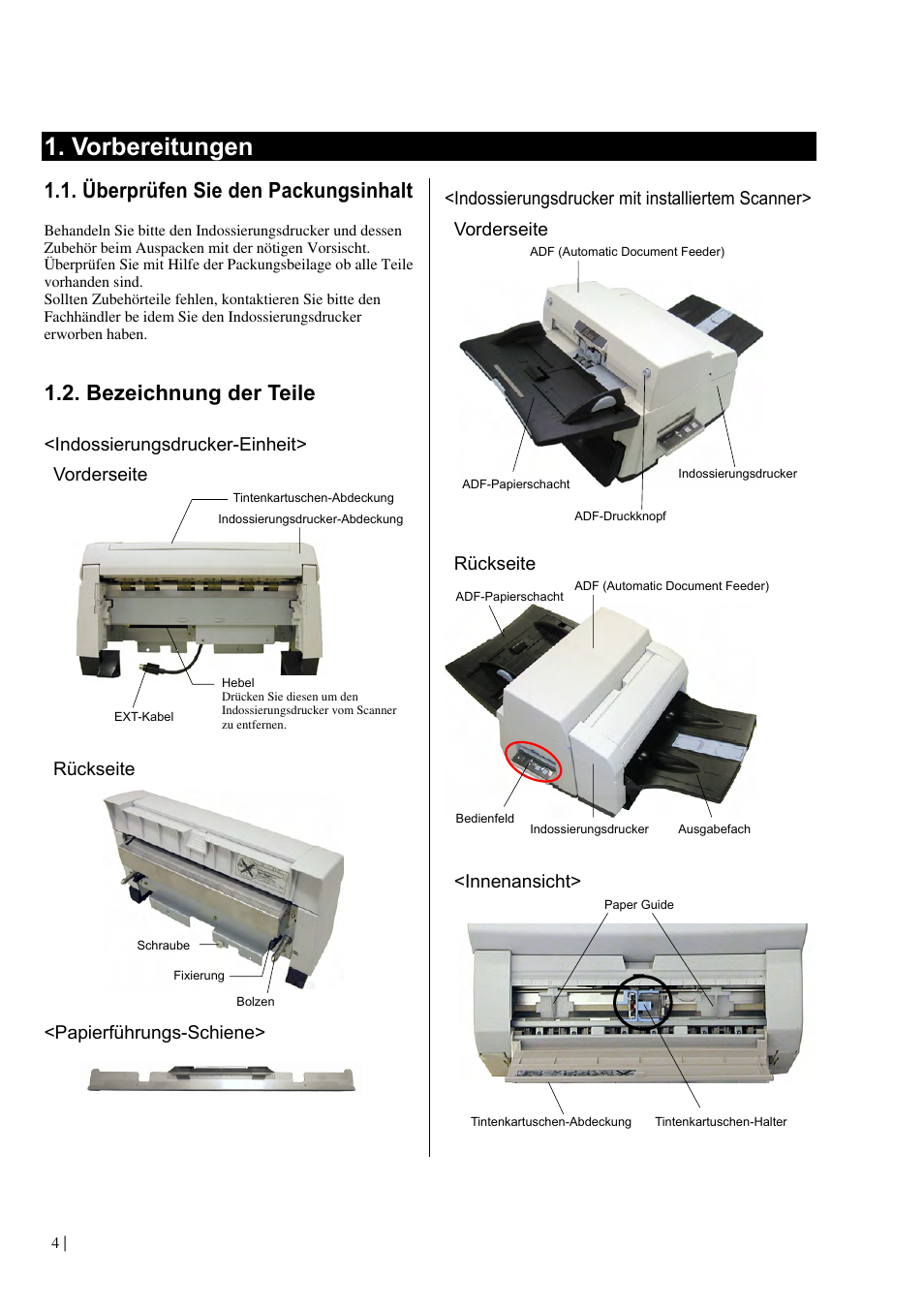 Vorbereitungen, Überprüfen sie den packungsinhalt, Bezeichnung der teile | Indossierungsdrucker-einheit> vorderseite, Rückseite, Papierführungs-schiene, Innenansicht | Dell fi-565PR User Manual | Page 48 / 128