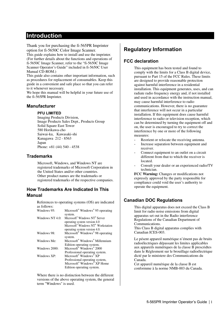 Introduction, Regulatory information, Manufacturer | Trademarks, How trademarks are indicated in this manual, Fcc declaration, Canadian doc regulations | Dell fi-565PR User Manual | Page 5 / 128