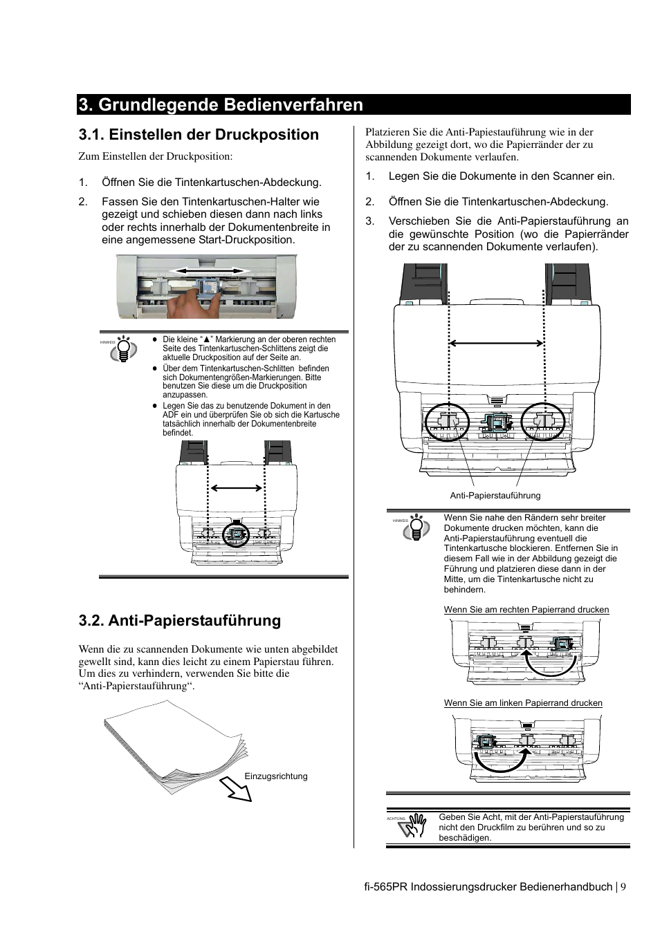 Grundlegende bedienverfahren, Einstellen der druckposition, Anti-papierstauführung | Dell fi-565PR User Manual | Page 53 / 128