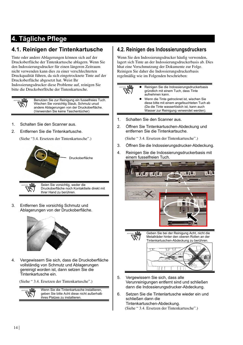 Tägliche pflege, Reinigen der tintenkartusche, Reinigen des indossierungsdruckers | Dell fi-565PR User Manual | Page 58 / 128