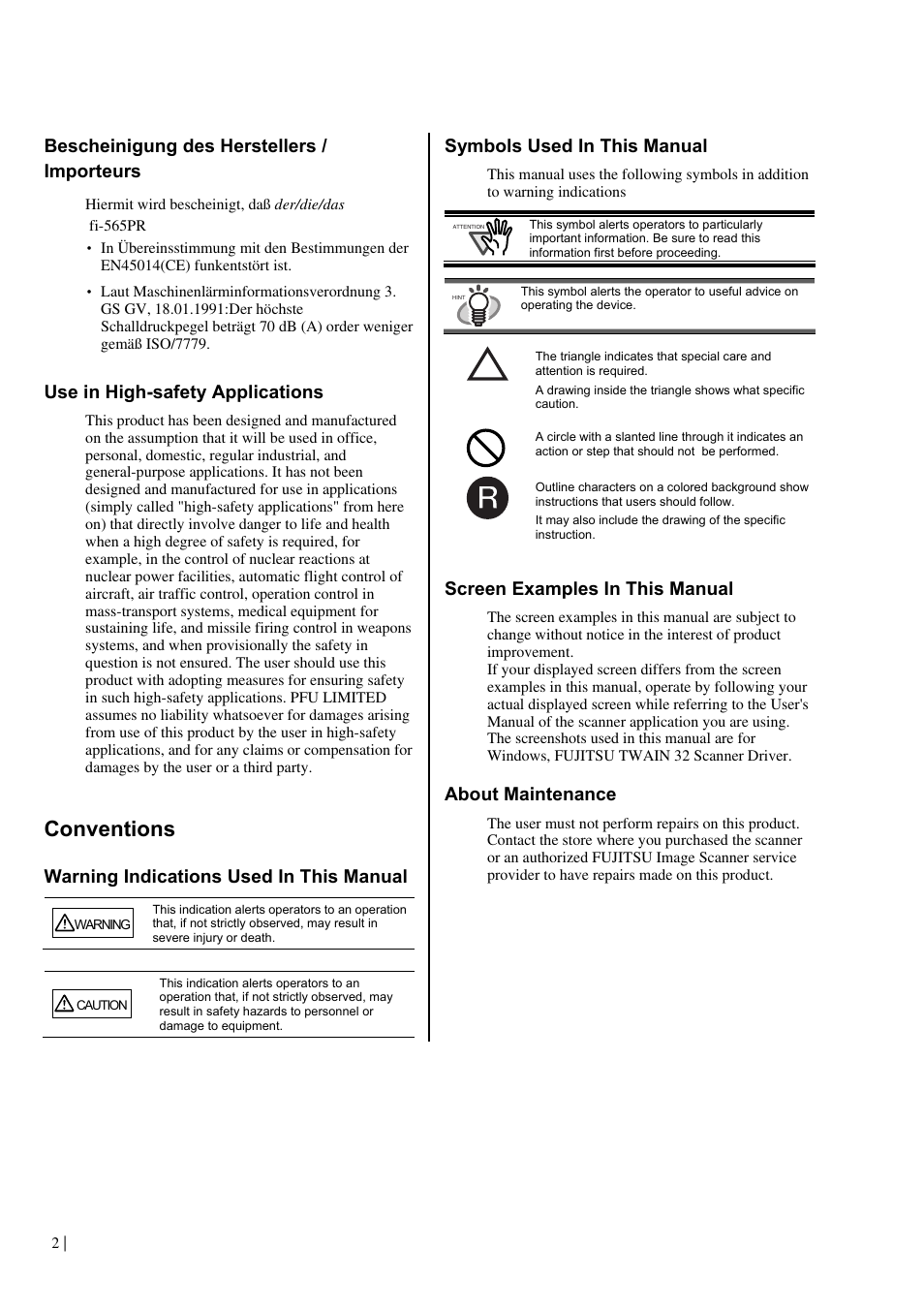 Conventions, Bescheinigung des herstellers / importeurs, Use in high-safety applications | Warning indications used in this manual, Symbols used in this manual, Screen examples in this manual, About maintenance | Dell fi-565PR User Manual | Page 6 / 128