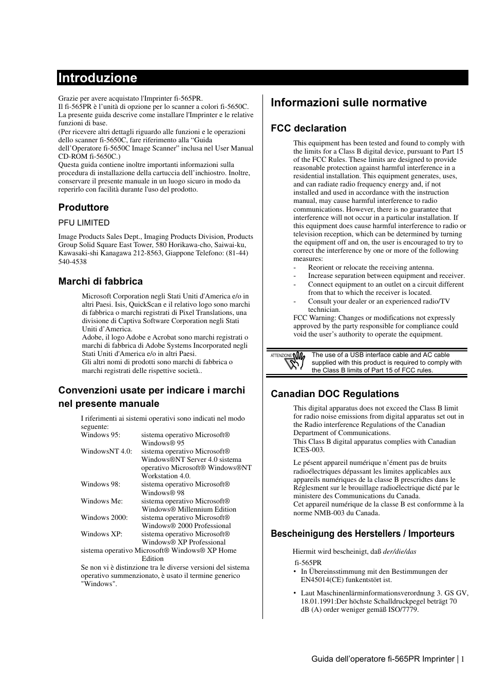 Introduzione, Informazioni sulle normative, Produttore | Marchi di fabbrica, Fcc declaration, Canadian doc regulations, Bescheinigung des herstellers / importeurs | Dell fi-565PR User Manual | Page 65 / 128