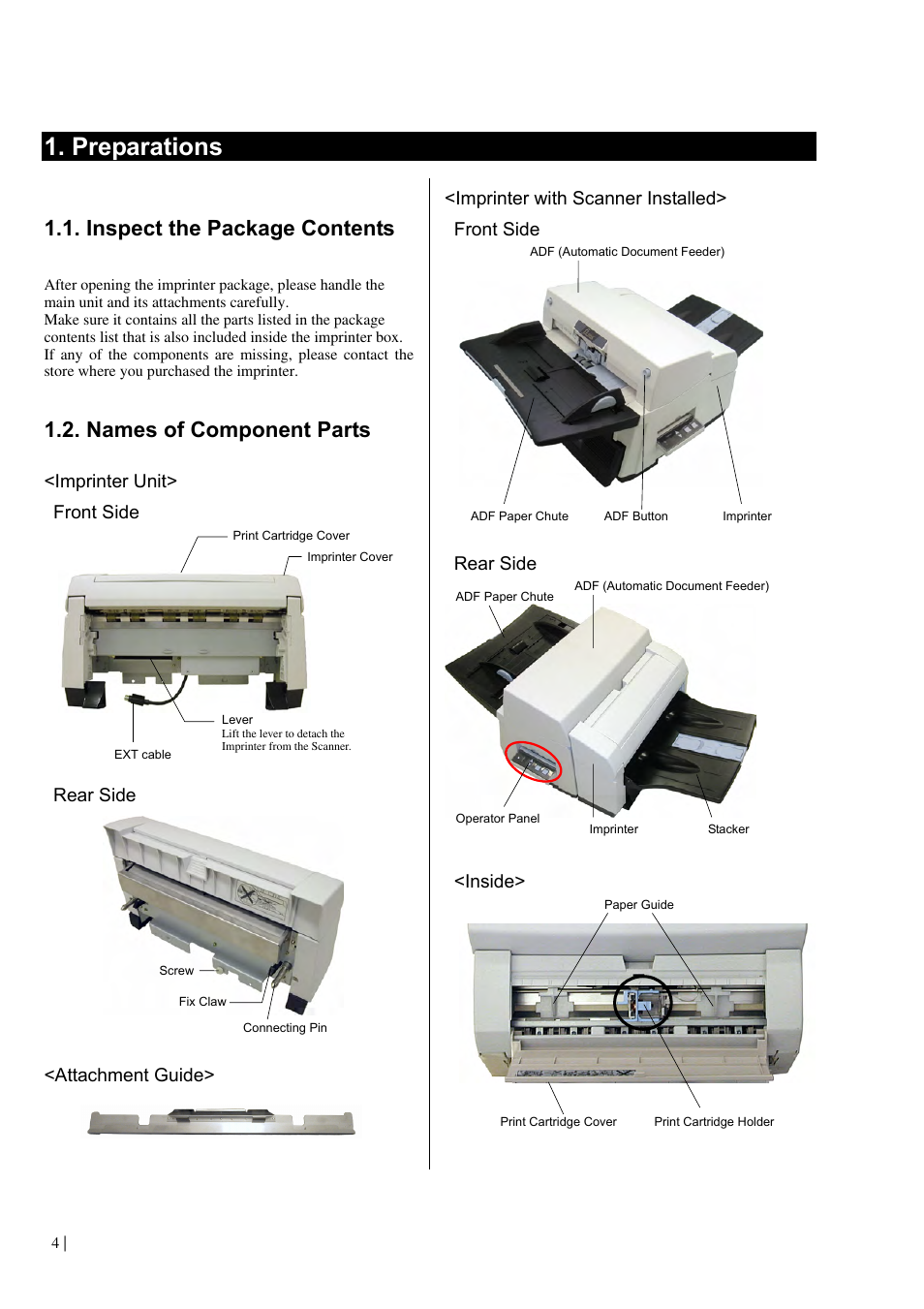 Preparations, Inspect the package contents, Names of component parts | Imprinter unit> front side, Rear side, Attachment guide, Imprinter with scanner installed> front side, Inside | Dell fi-565PR User Manual | Page 8 / 128