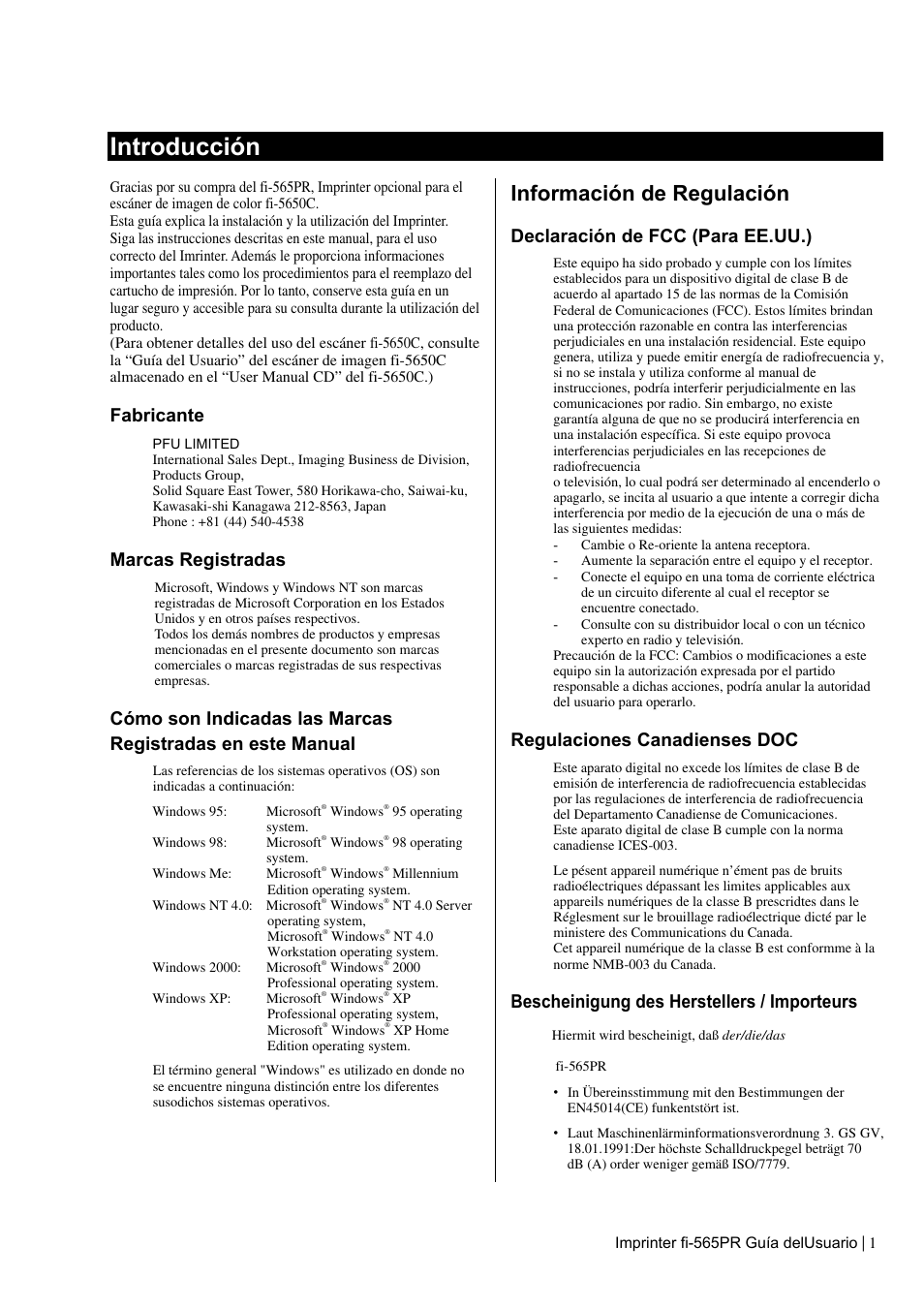 Introducción, Información de regulación, Fabricante | Marcas registradas, Declaración de fcc (para ee.uu.), Regulaciones canadienses doc, Bescheinigung des herstellers / importeurs | Dell fi-565PR User Manual | Page 85 / 128