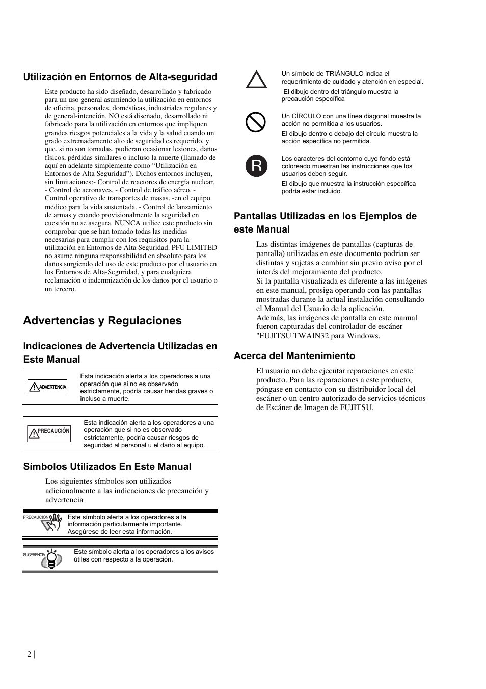 Advertencias y regulaciones, Utilización en entornos de alta-seguridad, Símbolos utilizados en este manual | Acerca del mantenimiento | Dell fi-565PR User Manual | Page 86 / 128