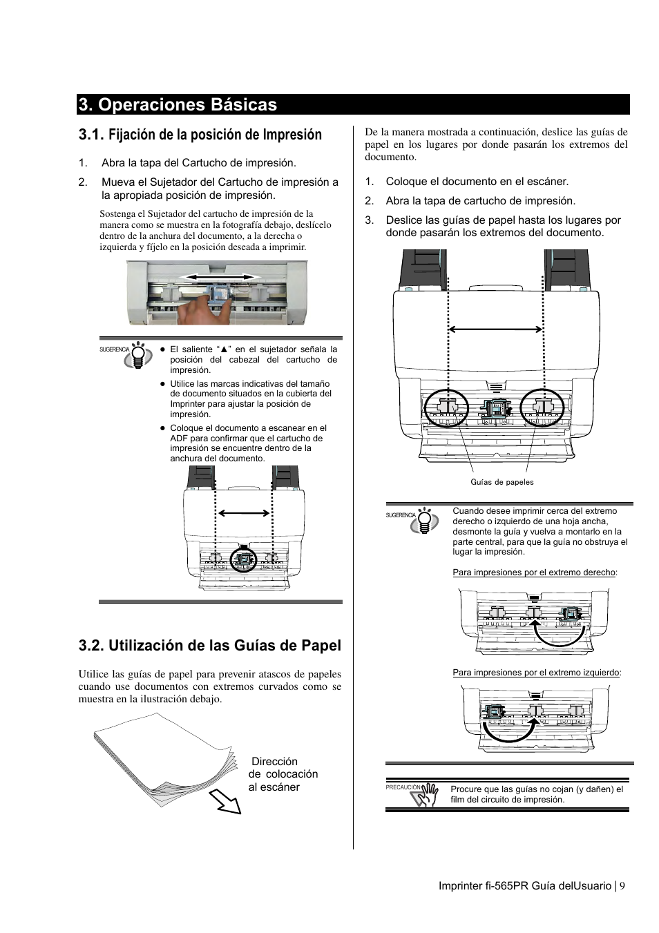 Operaciones básicas, Fijación de la posición de impresión, Utilización de las guías de papel | Dell fi-565PR User Manual | Page 93 / 128