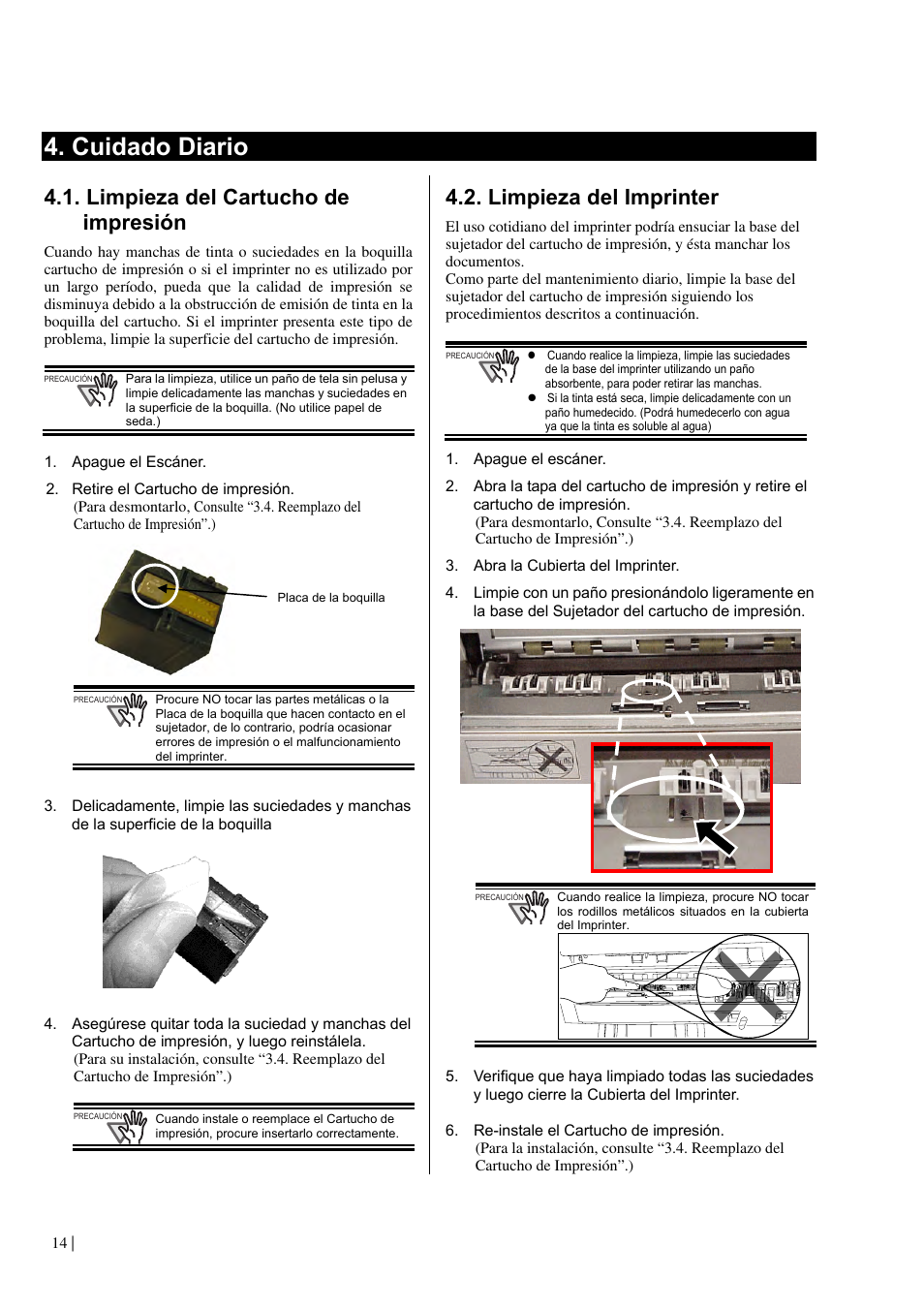 Cuidado diario, Limpieza del cartucho de impresión, Limpieza del imprinter | Dell fi-565PR User Manual | Page 98 / 128