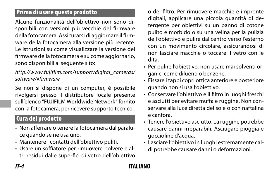 It-4 italiano prima di usare questo prodotto, Cura del prodotto | FujiFilm Lens Hood for XF 80mm f/2.8 R LM OIS WR Macro Lens User Manual | Page 104 / 172