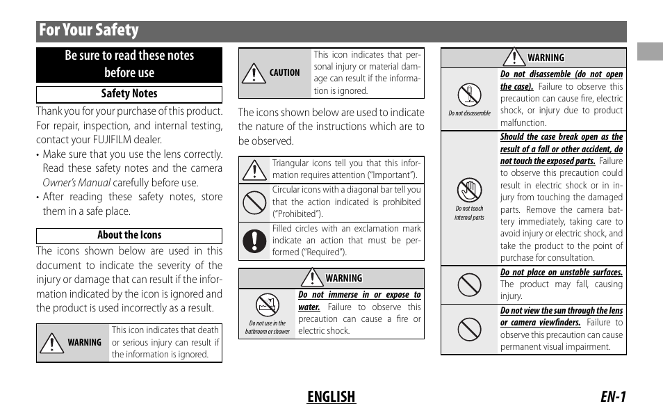 For your safety, En-1 english | FujiFilm Lens Hood for XF 80mm f/2.8 R LM OIS WR Macro Lens User Manual | Page 11 / 172