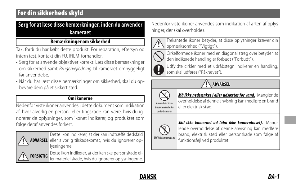 Da-1 dansk for din sikkerheds skyld | FujiFilm Lens Hood for XF 80mm f/2.8 R LM OIS WR Macro Lens User Manual | Page 111 / 172