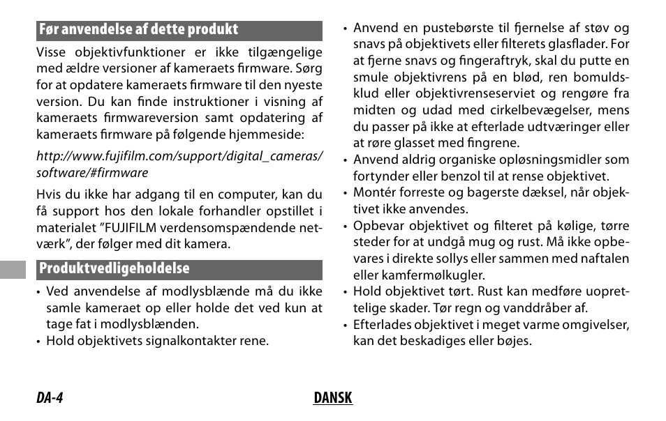 Da-4 dansk før anvendelse af dette produkt, Produktvedligeholdelse | FujiFilm Lens Hood for XF 80mm f/2.8 R LM OIS WR Macro Lens User Manual | Page 114 / 172