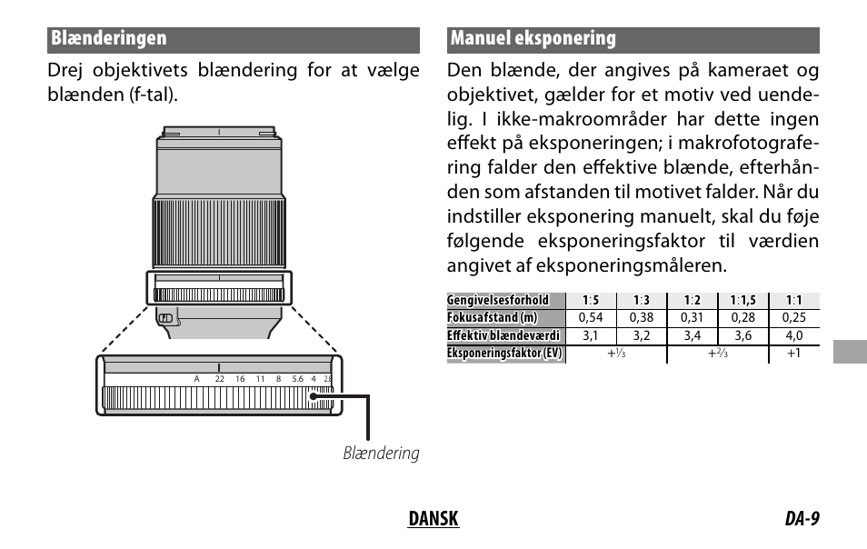 Da-9 dansk blænderingen, Manuel eksponering, Blændering | FujiFilm Lens Hood for XF 80mm f/2.8 R LM OIS WR Macro Lens User Manual | Page 119 / 172