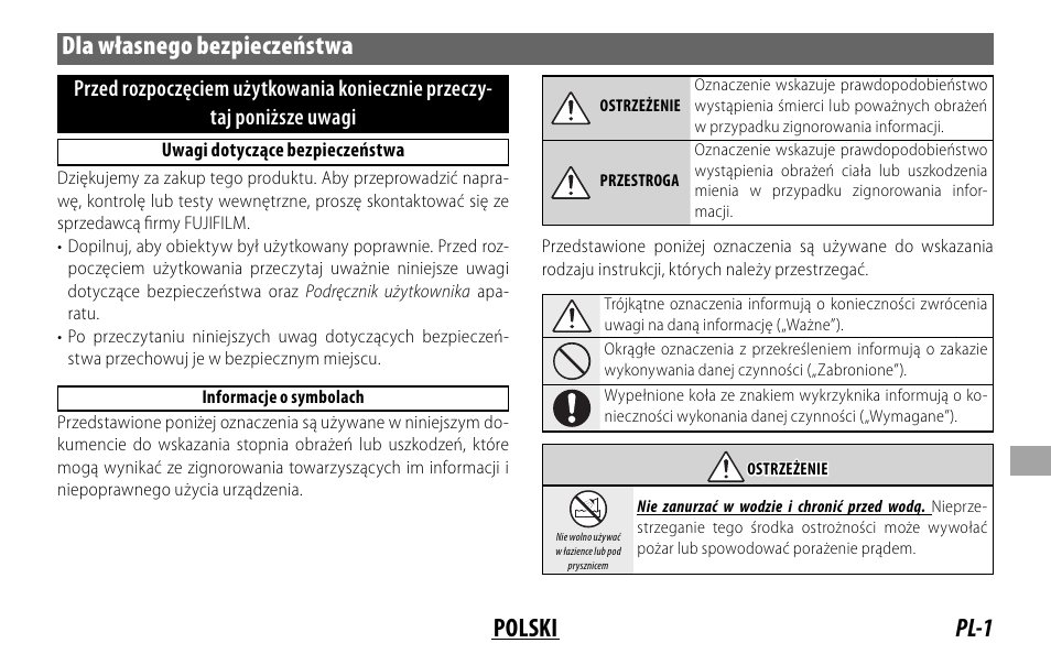 Pl-1 polski dla własnego bezpieczeństwa | FujiFilm Lens Hood for XF 80mm f/2.8 R LM OIS WR Macro Lens User Manual | Page 121 / 172