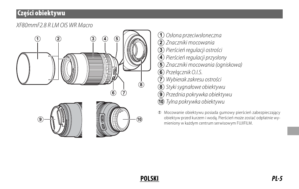 Pl-5 polski części obiektywu | FujiFilm Lens Hood for XF 80mm f/2.8 R LM OIS WR Macro Lens User Manual | Page 125 / 172