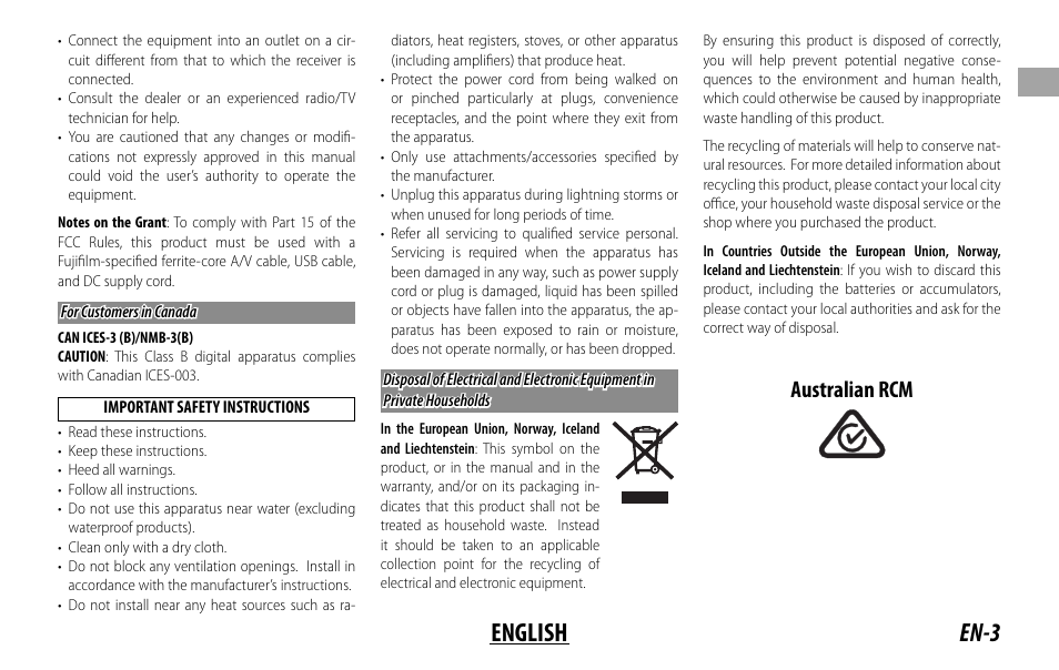 En-3 english, Australian rcm | FujiFilm Lens Hood for XF 80mm f/2.8 R LM OIS WR Macro Lens User Manual | Page 13 / 172