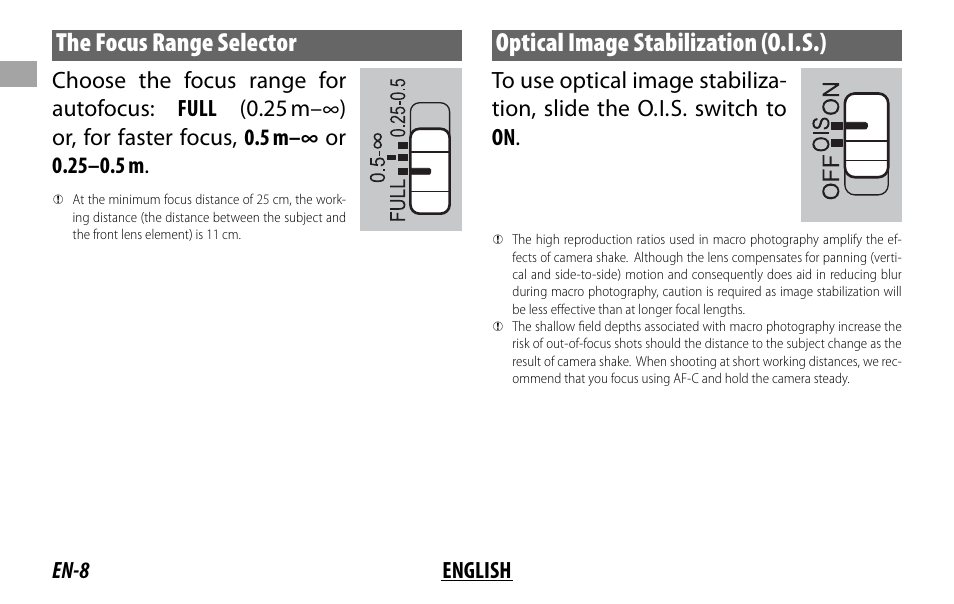 The focus range selector, Optical image stabilization (o. i. s.), En-8 english | FujiFilm Lens Hood for XF 80mm f/2.8 R LM OIS WR Macro Lens User Manual | Page 18 / 172