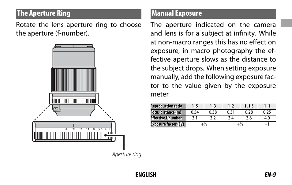 The aperture ring, Manual exposure, En-9 english | Aperture ring | FujiFilm Lens Hood for XF 80mm f/2.8 R LM OIS WR Macro Lens User Manual | Page 19 / 172