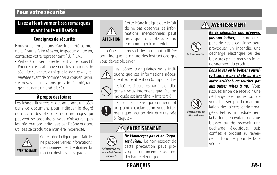 Fr-1 français pour votre sécurité, Avertissement | FujiFilm Lens Hood for XF 80mm f/2.8 R LM OIS WR Macro Lens User Manual | Page 21 / 172