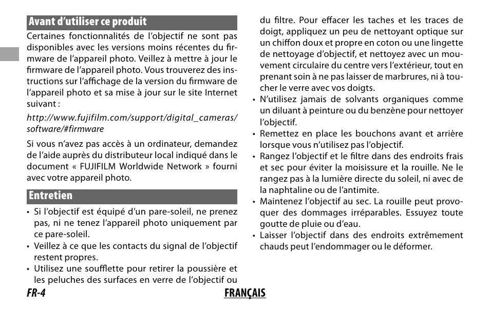 Fr-4 français avant d’utiliser ce produit, Entretien | FujiFilm Lens Hood for XF 80mm f/2.8 R LM OIS WR Macro Lens User Manual | Page 24 / 172