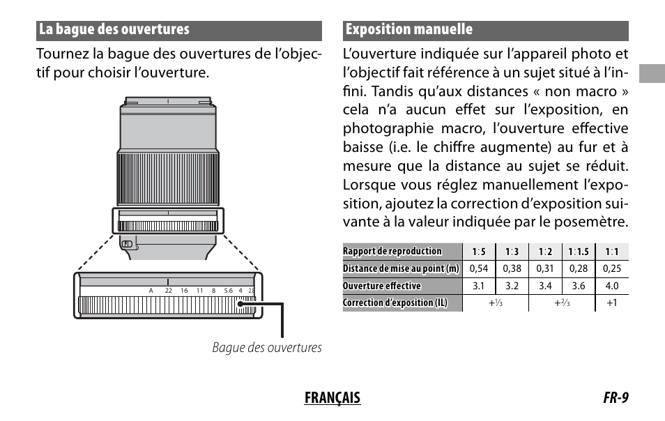 Fr-9 français la bague des ouvertures, Exposition manuelle, Bague des ouvertures | FujiFilm Lens Hood for XF 80mm f/2.8 R LM OIS WR Macro Lens User Manual | Page 29 / 172