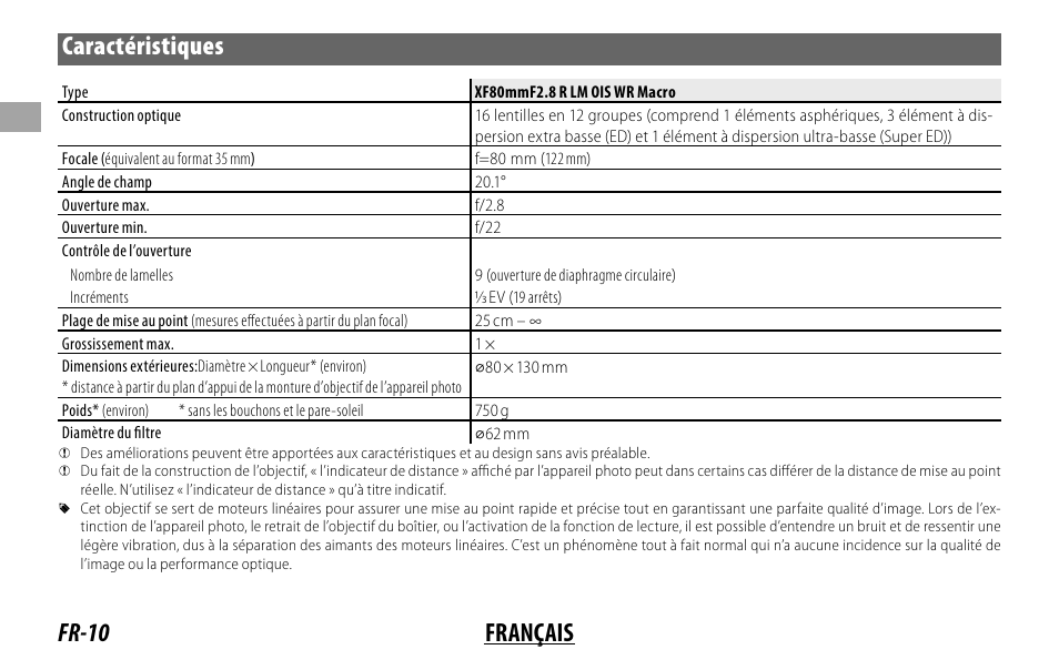 Fr-10 français caractéristiques | FujiFilm Lens Hood for XF 80mm f/2.8 R LM OIS WR Macro Lens User Manual | Page 30 / 172