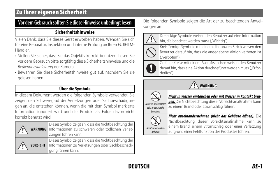 De-1 deutsch zu ihrer eigenen sicherheit, Sicherheitshinweise | FujiFilm Lens Hood for XF 80mm f/2.8 R LM OIS WR Macro Lens User Manual | Page 31 / 172