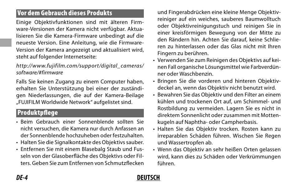 De-4 deutsch vor dem gebrauch dieses produkts, Produktpfl ege | FujiFilm Lens Hood for XF 80mm f/2.8 R LM OIS WR Macro Lens User Manual | Page 34 / 172