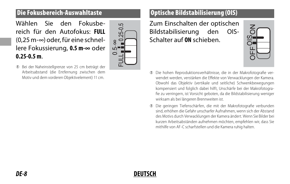 De-8 deutsch die fokusbereich-auswahltaste, Optische bildstabilisierung (ois) | FujiFilm Lens Hood for XF 80mm f/2.8 R LM OIS WR Macro Lens User Manual | Page 38 / 172