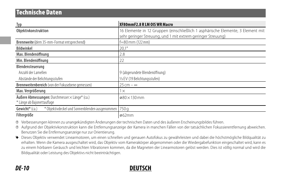 De-10 deutsch technische daten | FujiFilm Lens Hood for XF 80mm f/2.8 R LM OIS WR Macro Lens User Manual | Page 40 / 172