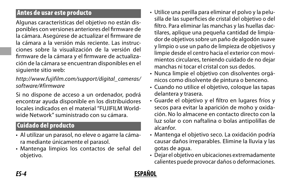 Es-4 español antes de usar este producto, Cuidado del producto | FujiFilm Lens Hood for XF 80mm f/2.8 R LM OIS WR Macro Lens User Manual | Page 44 / 172