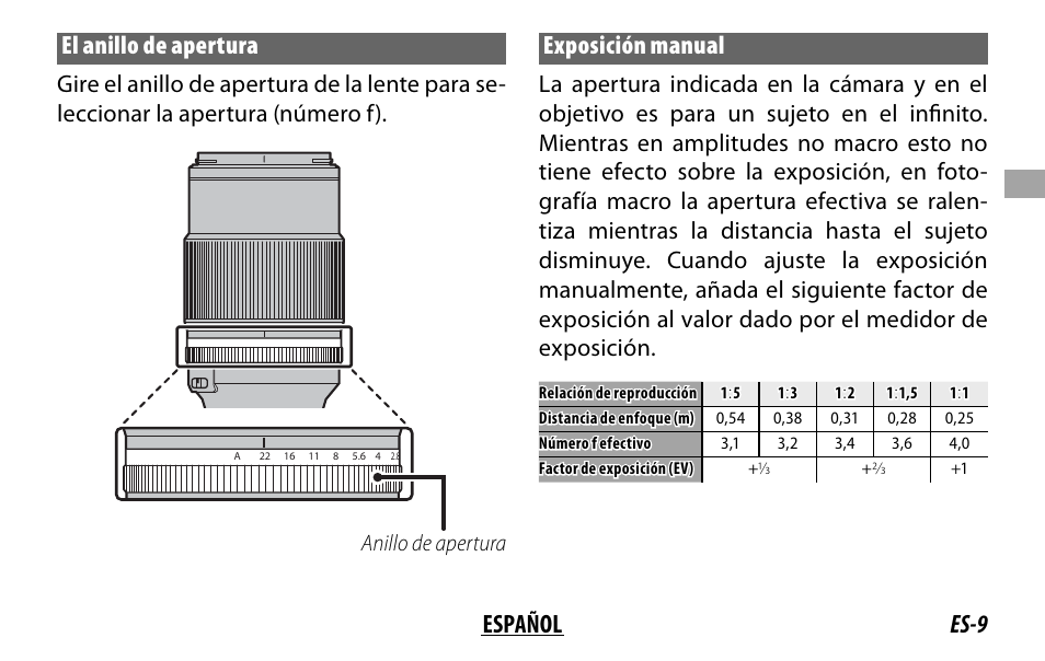 Es-9 español el anillo de apertura, Exposición manual, Anillo de apertura | FujiFilm Lens Hood for XF 80mm f/2.8 R LM OIS WR Macro Lens User Manual | Page 49 / 172