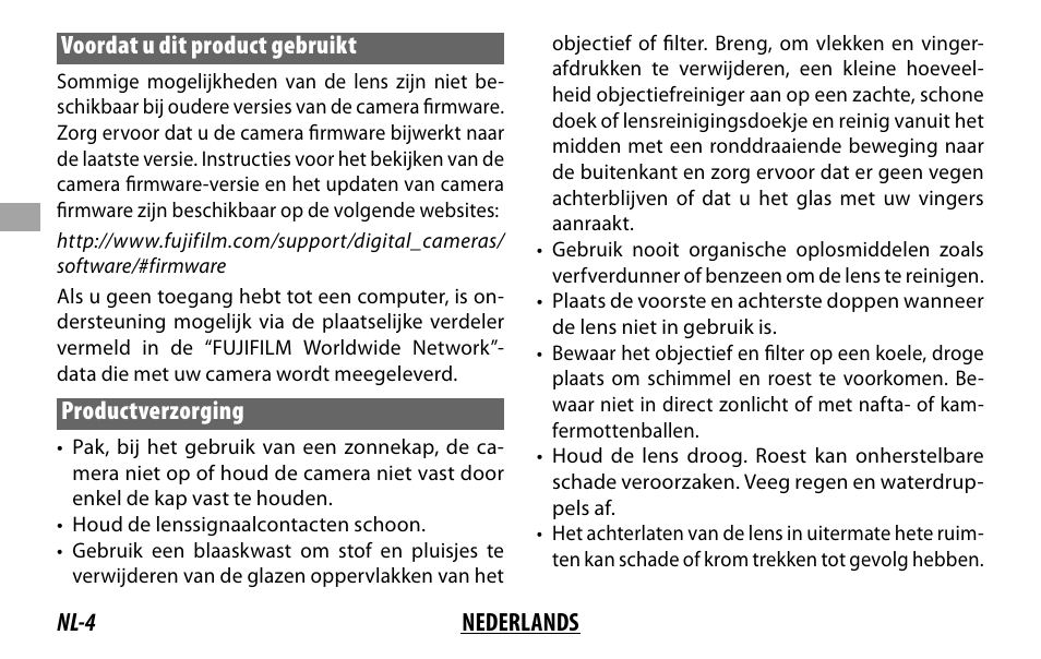 Nl-4 nederlands voordat u dit product gebruikt, Productverzorging | FujiFilm Lens Hood for XF 80mm f/2.8 R LM OIS WR Macro Lens User Manual | Page 54 / 172