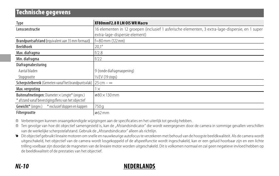 Nl-10 nederlands technische gegevens | FujiFilm Lens Hood for XF 80mm f/2.8 R LM OIS WR Macro Lens User Manual | Page 60 / 172