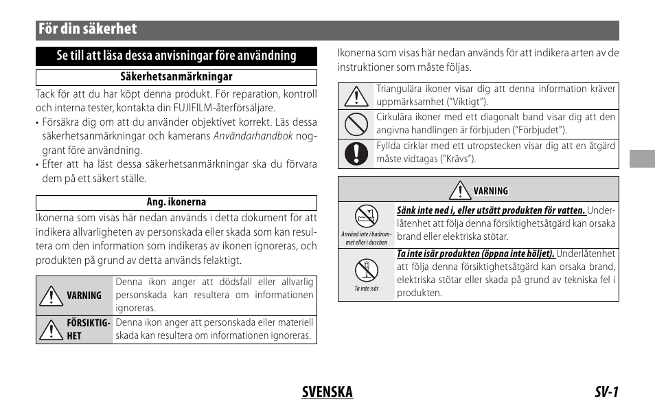 Sv-1 svenska för din säkerhet, Se till att läsa dessa anvisningar före användning | FujiFilm Lens Hood for XF 80mm f/2.8 R LM OIS WR Macro Lens User Manual | Page 61 / 172