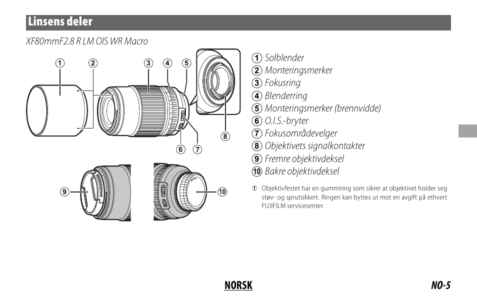 Linsens deler | FujiFilm Lens Hood for XF 80mm f/2.8 R LM OIS WR Macro Lens User Manual | Page 75 / 172