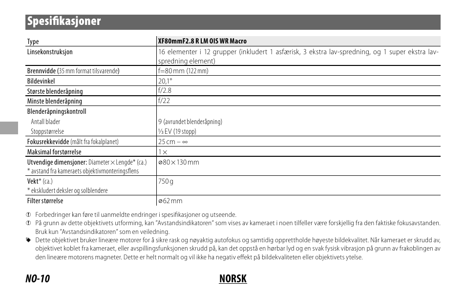 Spesifi kasjoner, No-10 norsk | FujiFilm Lens Hood for XF 80mm f/2.8 R LM OIS WR Macro Lens User Manual | Page 80 / 172