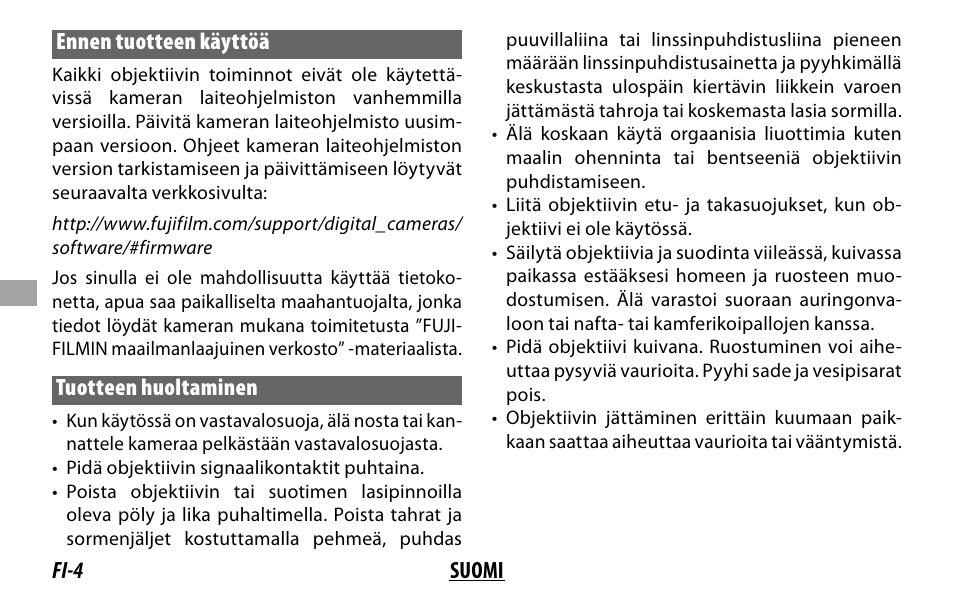 Fi-4 suomi ennen tuotteen käyttöä, Tuotteen huoltaminen | FujiFilm Lens Hood for XF 80mm f/2.8 R LM OIS WR Macro Lens User Manual | Page 84 / 172