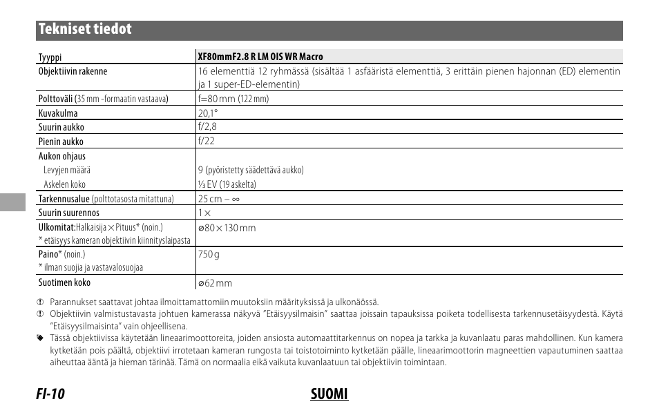 Fi-10 suomi tekniset tiedot | FujiFilm Lens Hood for XF 80mm f/2.8 R LM OIS WR Macro Lens User Manual | Page 90 / 172