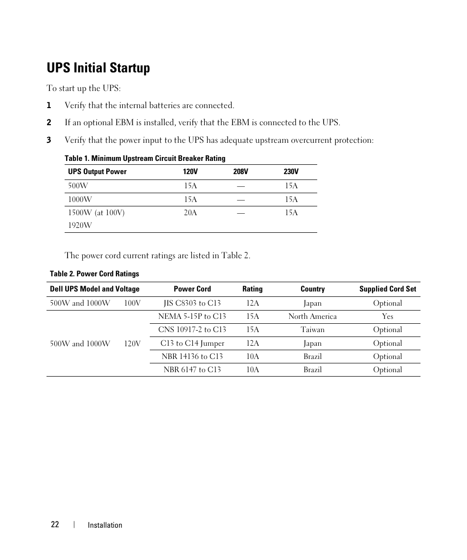Ups initial startup | Dell J715N User Manual | Page 22 / 63