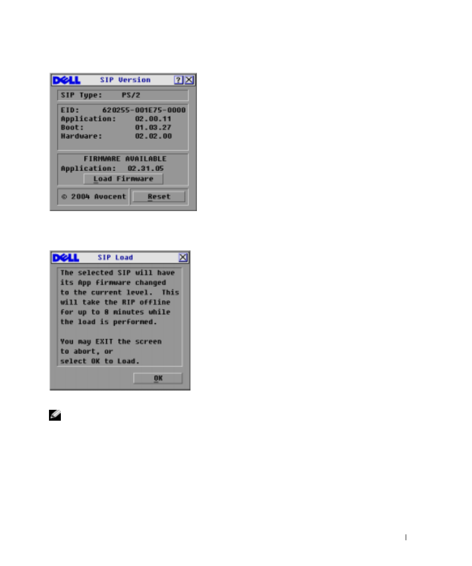 Figure 4-5, Sip version dialog box, Figure 4-6 | Sip load dialog box | Dell Console Switch User Manual | Page 51 / 58